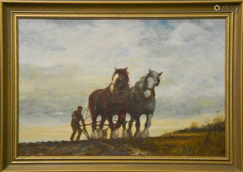 JER Godderidge (20th century): two horses pulling plough, oil on board, signed and dated 1975, 60 by