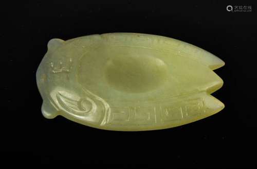 A Chinese natural hand carved heitian jade pendant/inkstone cicada. 7cm by 4cm