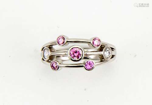 A platinum pink and white diamond set 'rain dance' style contemporary ring, size M½, pink diamond