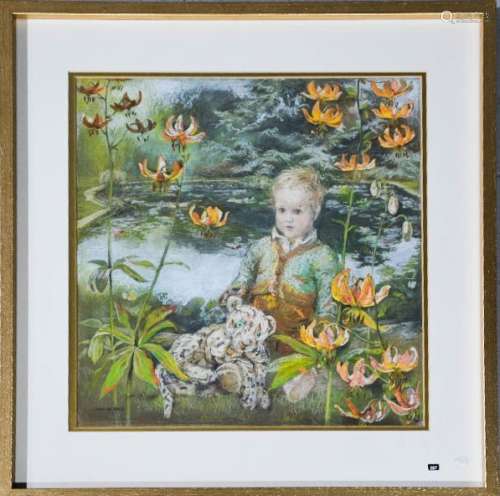 Jean De Gale (20th century): Toys in the Lily Garden, pastel on paper, signed lower left, 42 by