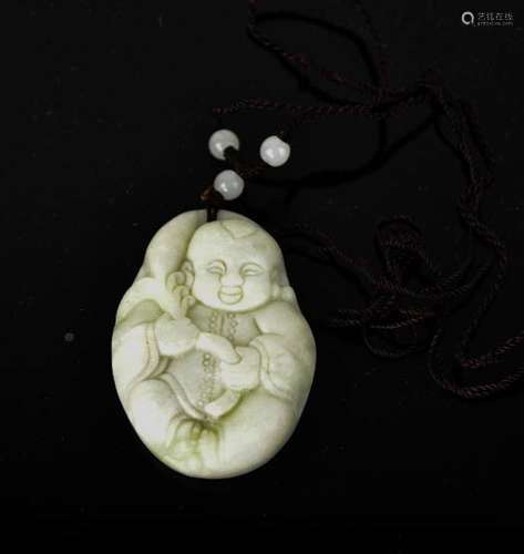 A Chinese hand carved natural jade Buddha pendant, with cord and jade beads