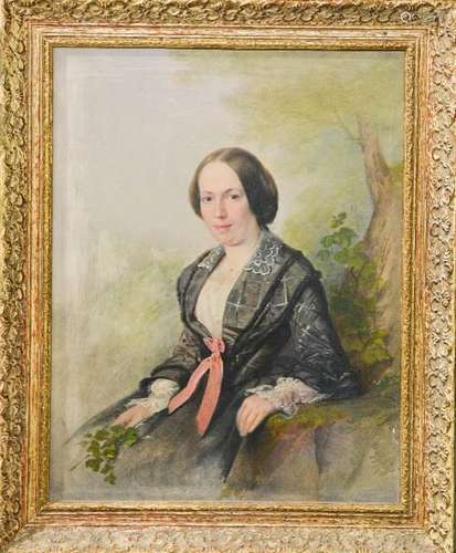 A 19th century oil on board, portrait of a lady with pink bow, unsigned, 44 by 33cm.