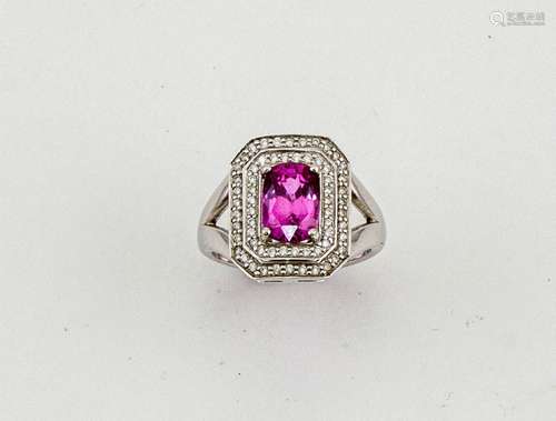 An 18ct white gold, pink sapphire and diamond ring, the sapphire approximately 2ct, the two