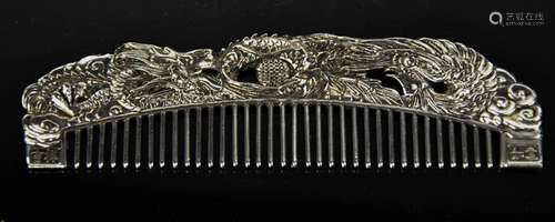 A Tibetan Miao silver signed comb, of dragon and phoenix