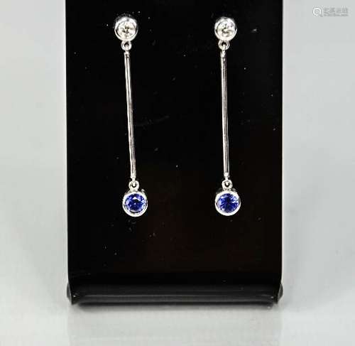 A pair of 9ct white gold, diamond and sapphire drop earrings.