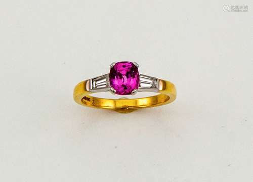 An 18ct yellow gold, pink sapphire and diamond ring, the cushion cut sapphire 1.58ct, the flanking