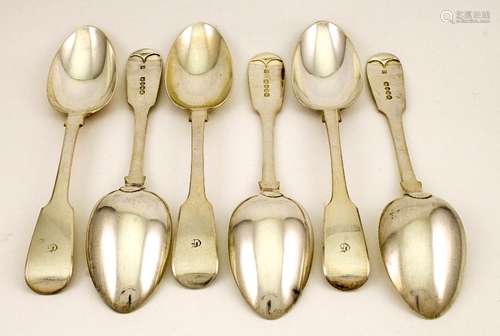 A set of six silver dessert spoons, engraved with the initial C, London 1840, 9.50toz