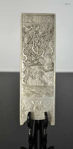 A Tibetan Miao silver scroll weight, signed and stamped, of a fisherman 179g.15cm by 5cm