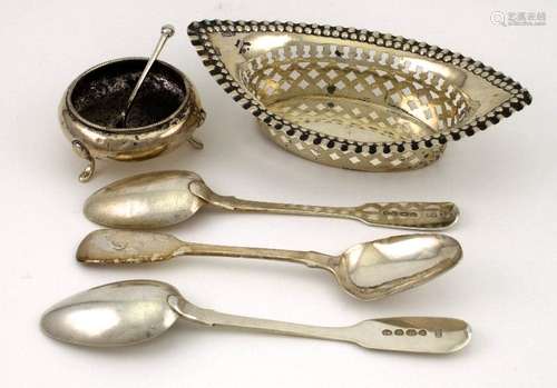 Three silver dessert spoons, engraved with initial C, and three silver teaspoons, together with a