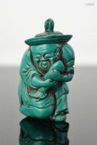 A Chinese turquoise colour hand carved snuff bottle of fisherman . 6cm high by 4cm