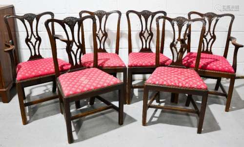 A set of six 19th century mahogany Chippendale period dining chairs including two carvers, the