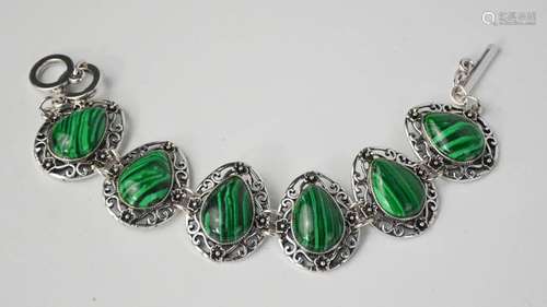 A Tibetan Miao silver and malachite bracelet.