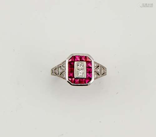 An 18ct white gold Art Deco style ruby and diamond ring, size N, 4.8g.