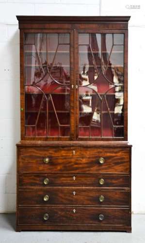 A Georgian mahogany secretaire bookcase, with two upper astrigal glazed doors enclosing height