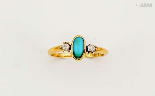 An Edwardian 18ct gold (worn hallmarks) diamond and oval turquoise ring, size P, 2.6g.