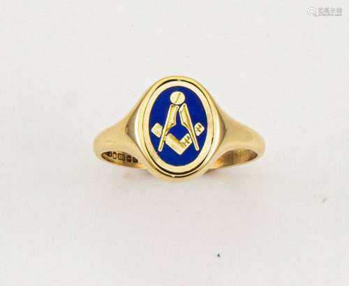 A 9ct gold Masonic swivel signet ring, with blue enamel ground, size V, 5g.