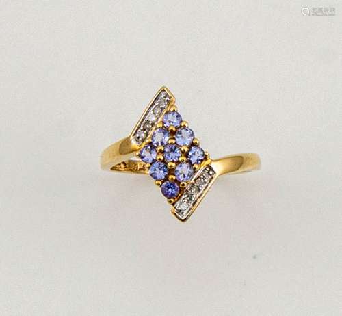 A 9ct gold, tanzanite and diamond cluster ring, size M, 2.14g.