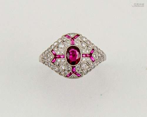 An 18ct white gold (tested, unhallmarked), ruby and diamond Art Deco style ring, size M½, 5g.