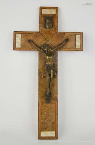 A Victorian corpus christi crucifix, in bronzed metal on a veneered wooden cross, 40 by 22cm.
