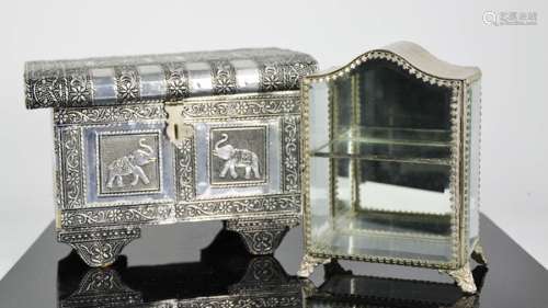 An Indian silver metal jewellery box, and a small jewellery display case, 17cm high.