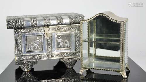 An Indian silver metal jewellery box, and a small jewellery display case, 17cm high.