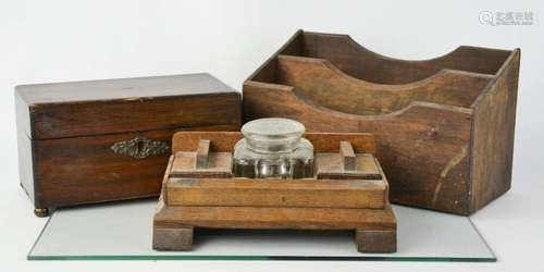 A 19th century tea caddy, a letter rack and an oak 1930s inkwell.