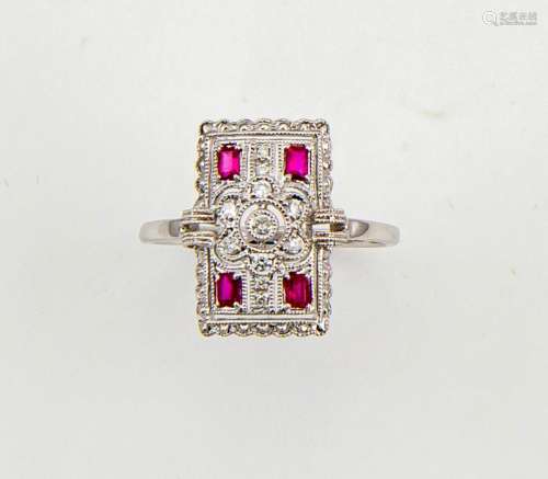 An 18ct white gold Art Deco style diamond and ruby ring, size O, 3.17g.
