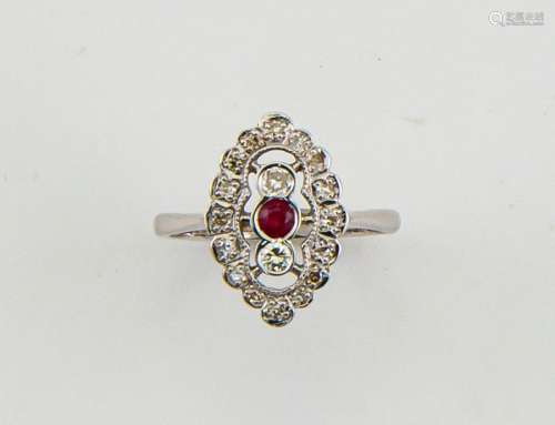 An 18ct white gold Art Deco style diamond and ruby ring, size N½, 3.8g.