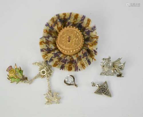 A group vintage Scottish brooches and pendant, one of Harris Tweed around carved button.