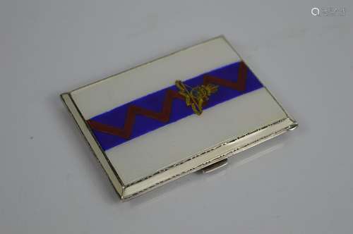 Sterling Silver and guilloche enamel military sweetheart cigarette case by H Clifford Davis,