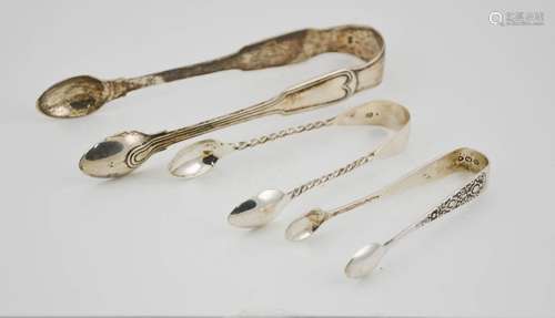 Three pairs of silver sugar tongs, London 1890, 1892, and 1864, 2.86cm.