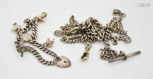 A silver charm bracelet, and two silver fobs / pocket watch chain, 3.36toz.