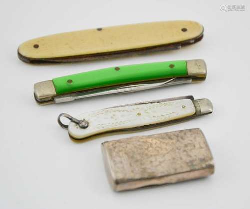 A silver vesta case, engraved with foliage, together with a mother of pearl and silver fruit knife