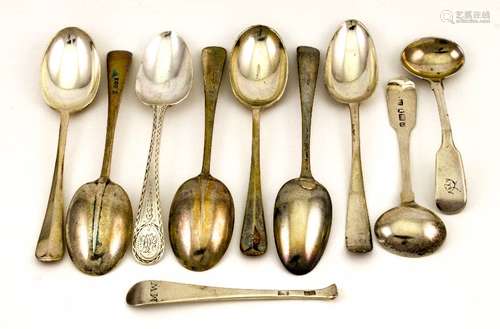 A group of silver spoons, to include two Georgian sauce spoons London 1816, 4.49toz