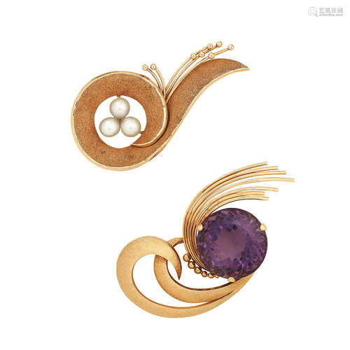 A synthetic amethyst brooch and a cultured pearl brooch