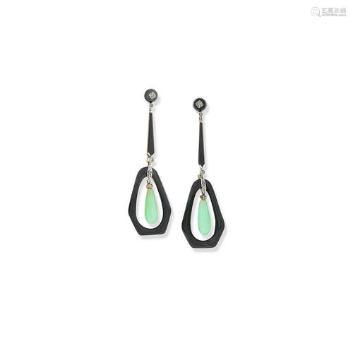 A pair of diamond, jadeite and onyx earrings, Art Deco