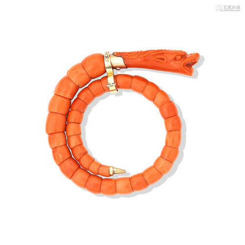 A Coral 'Corallium rubrum' snake bangle