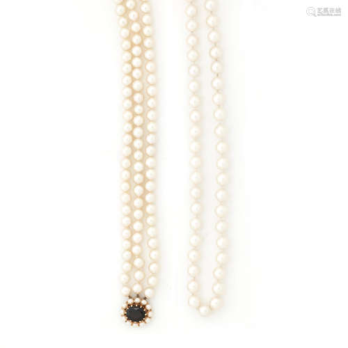 A cultured pearl and garnet three-row necklace and a single-row necklace