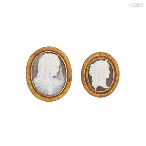 Two oval shell cameo brooches, late 19th century