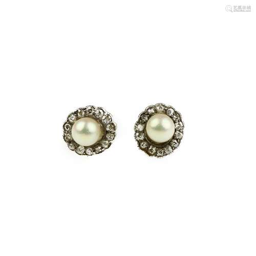 A pair of cultured pearl and diamond cluster ear studs