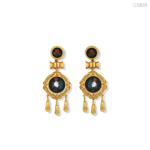 A pair of pietre-dure earrings, circa 1870