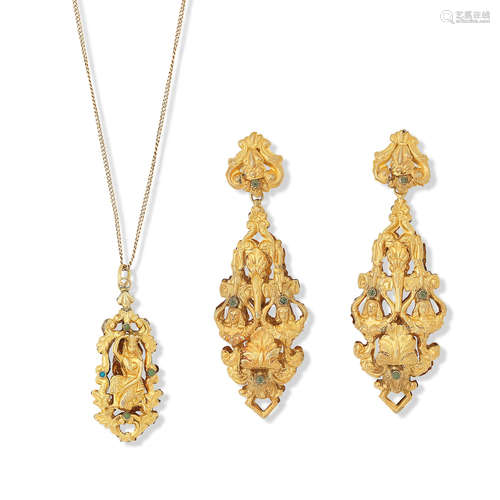 A gem-set pendant and pendent earring demi-parure, circa 1840