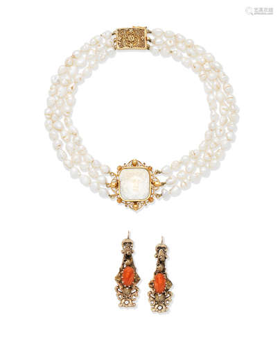 A pair of coral 'Corallium Rubrum' pendent earrings, circa 1840, and a shell and cultured pearl choker