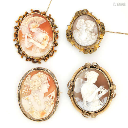 Four oval shell cameo brooches