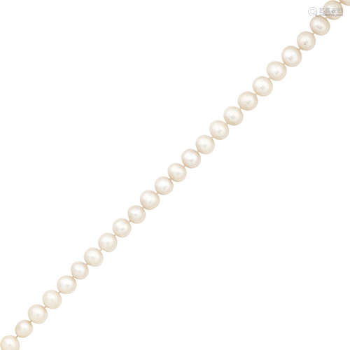 A cultured pearl and diamond necklace, retailed by Joseph Bonnar