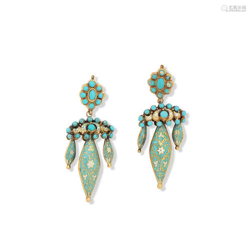 A pair of enamel pendent earrings, circa 1840