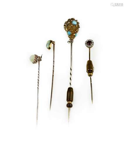 Four assorted gem set stick pins,