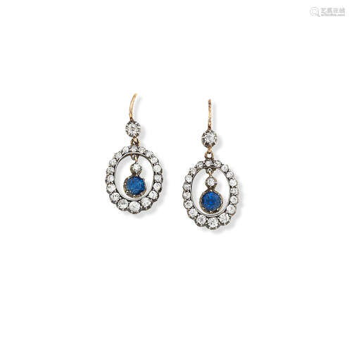 A pair of synthetic sapphire and diamond pendent earrings, late Victorian