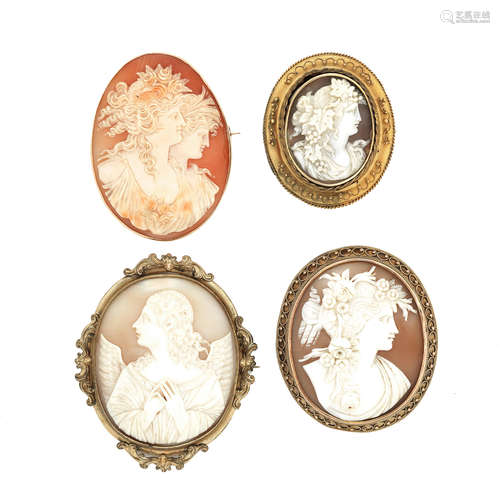 Four oval shell cameo brooches