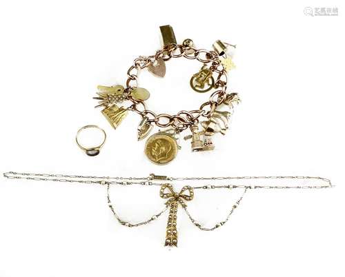 A Charm bracelet, necklace and ring